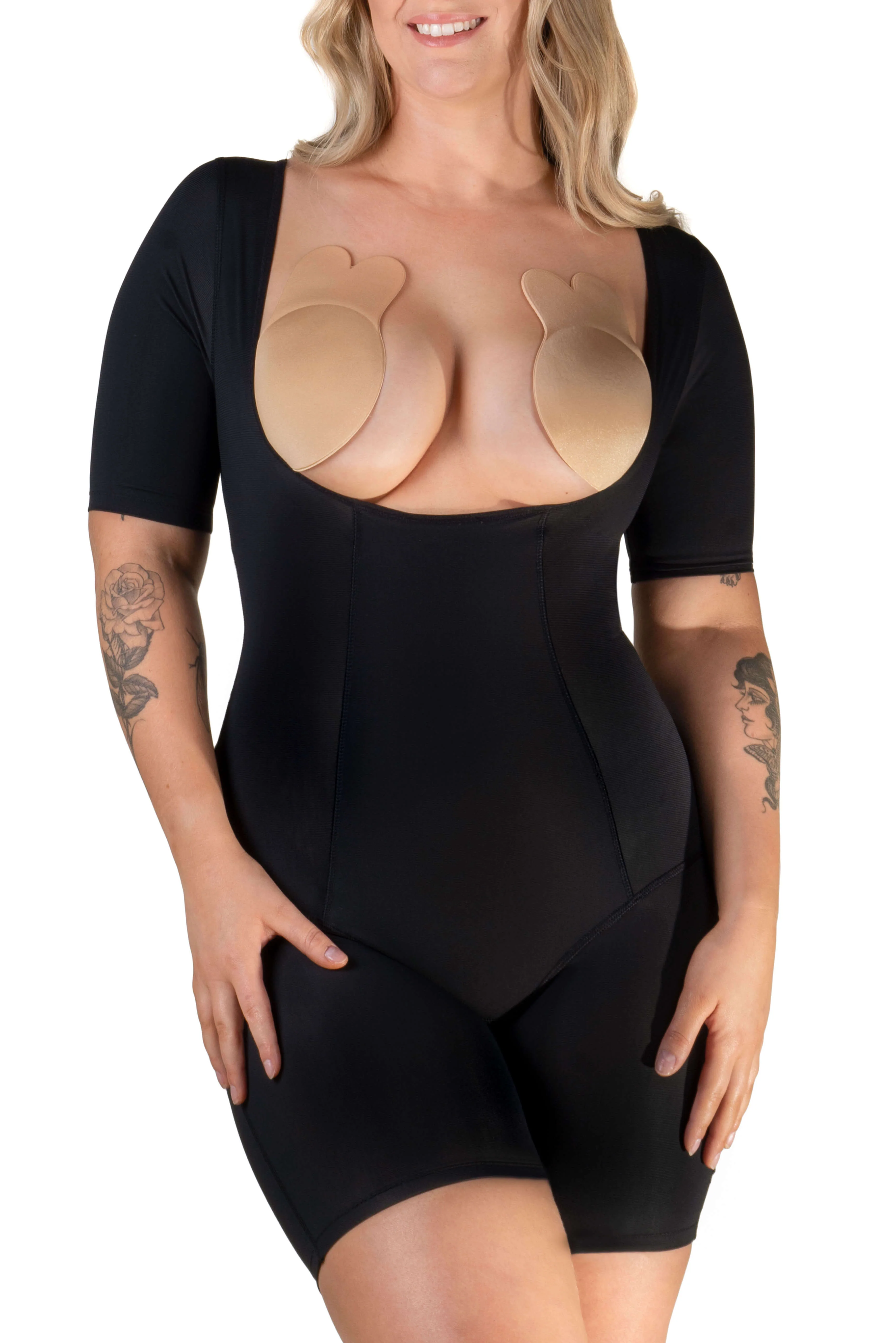 Open Bust Short Sleeve Shaping Bodysuit with Shorts - Image 7