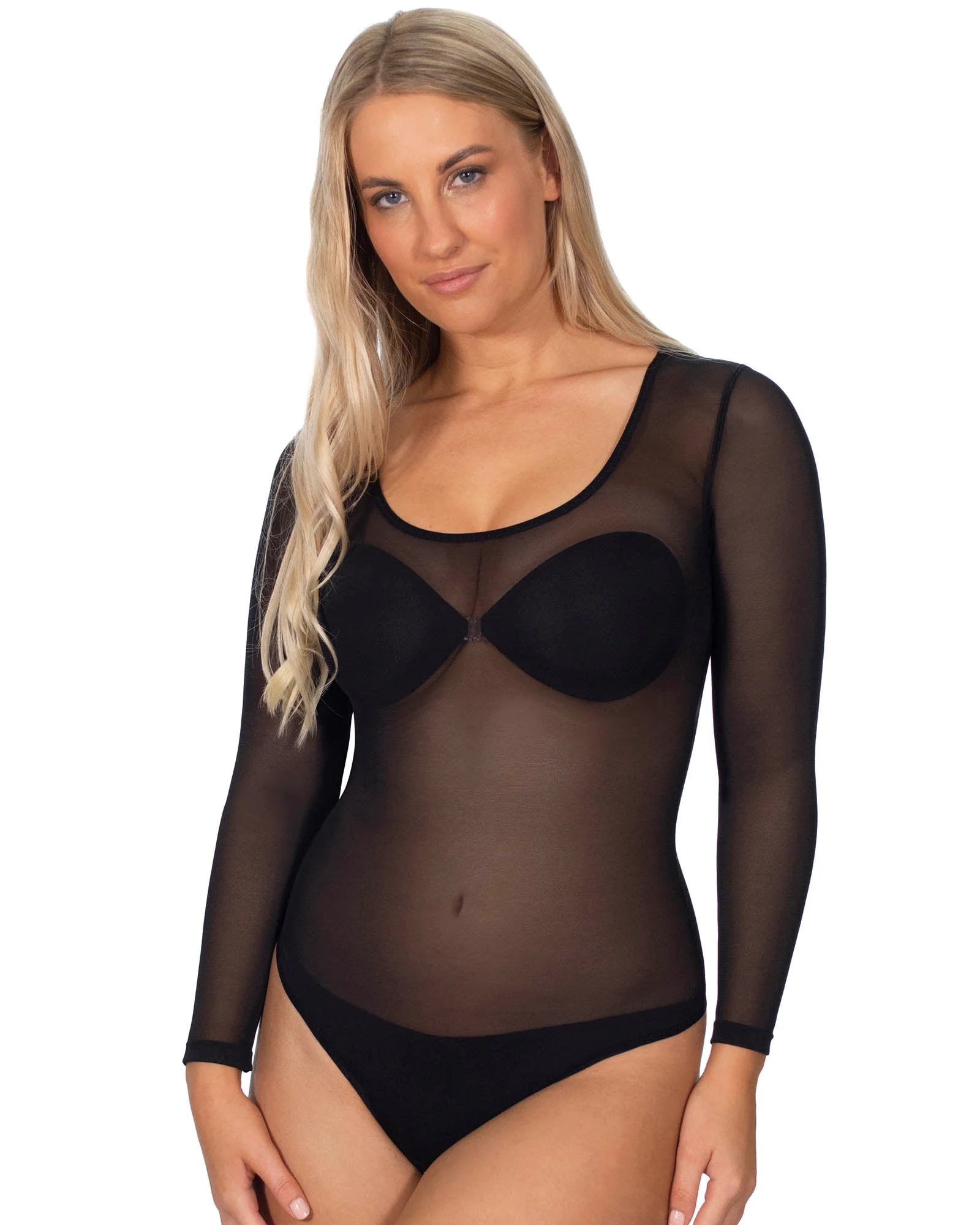 Powermesh Control Sheer Long Sleeve Thong Bodysuit - Image 3